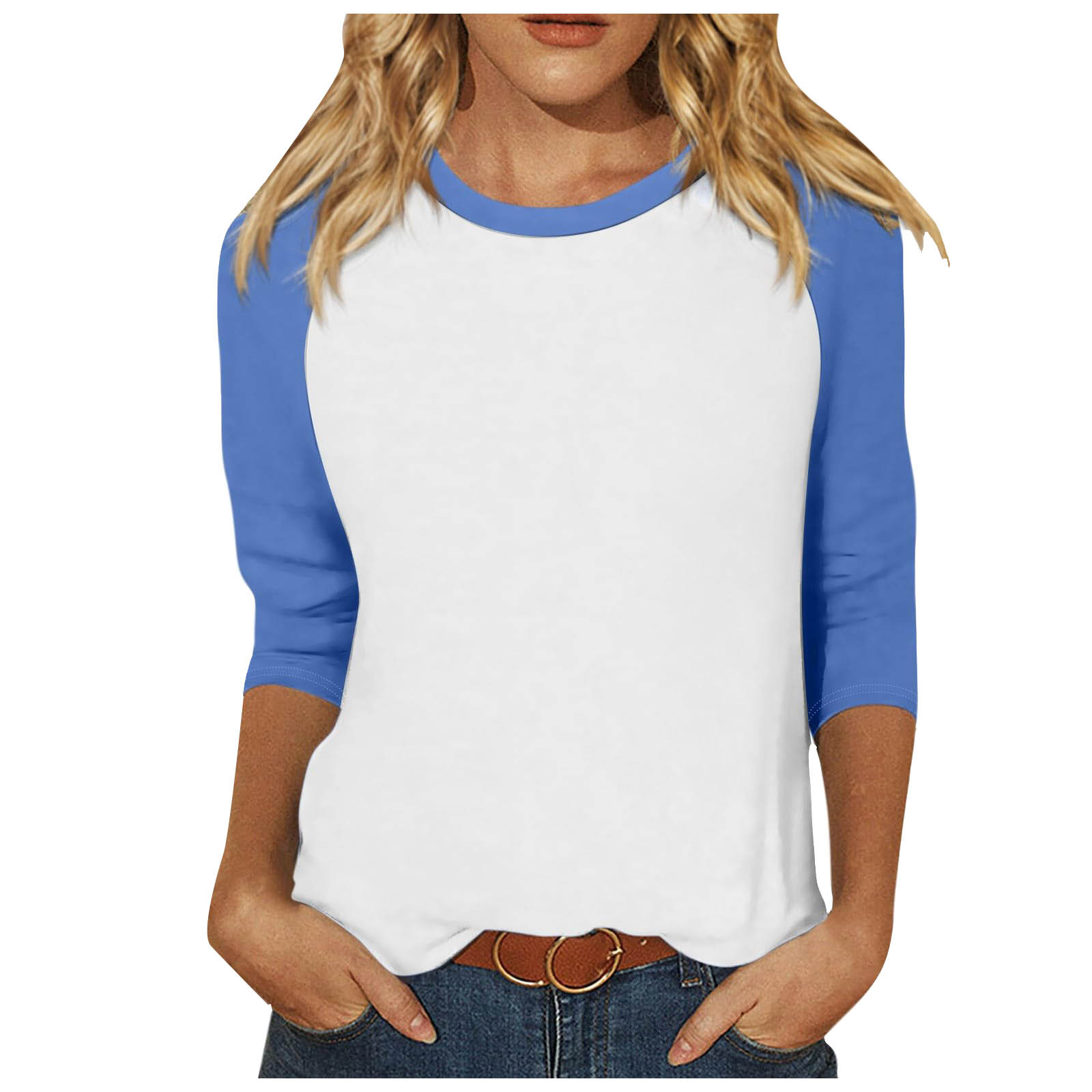 thumbnail image 1 of Camiseta informal de manga 3/4 y cuello redondo para mujer, versátil, de poliéster, tallas S-XXL, 1 of 5